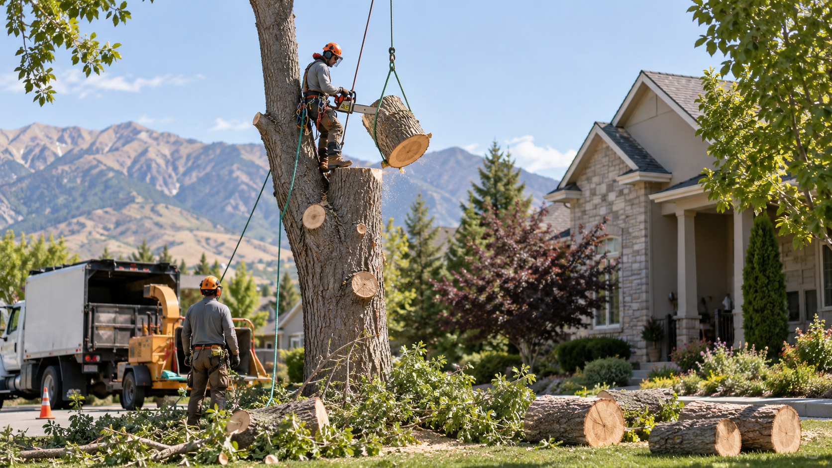 Tree removal crew removing a large tree near a Utah County home